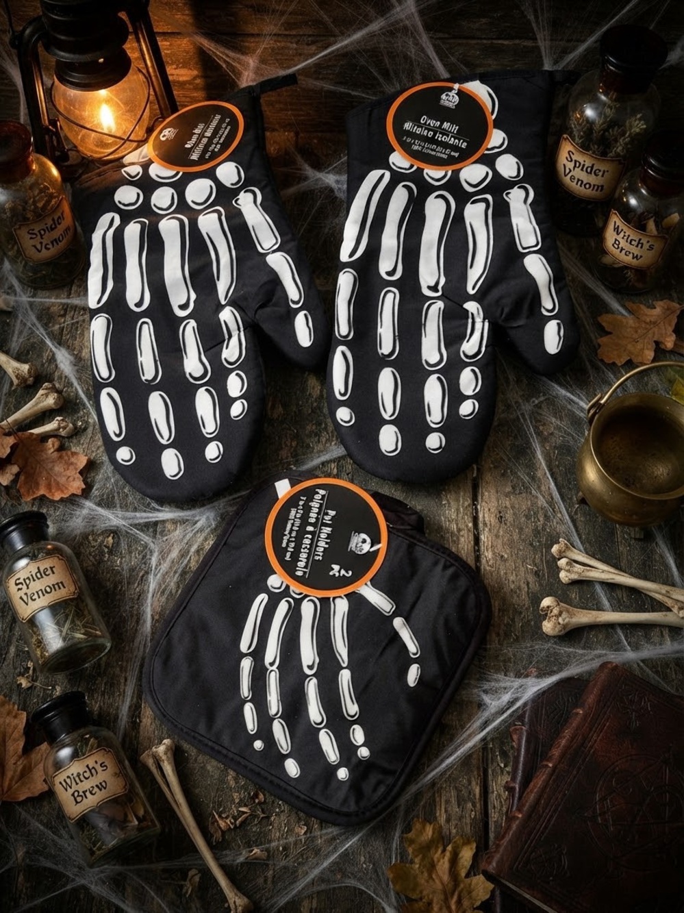 Skeleton Print Black Oven Mitt and Pot Holder Set